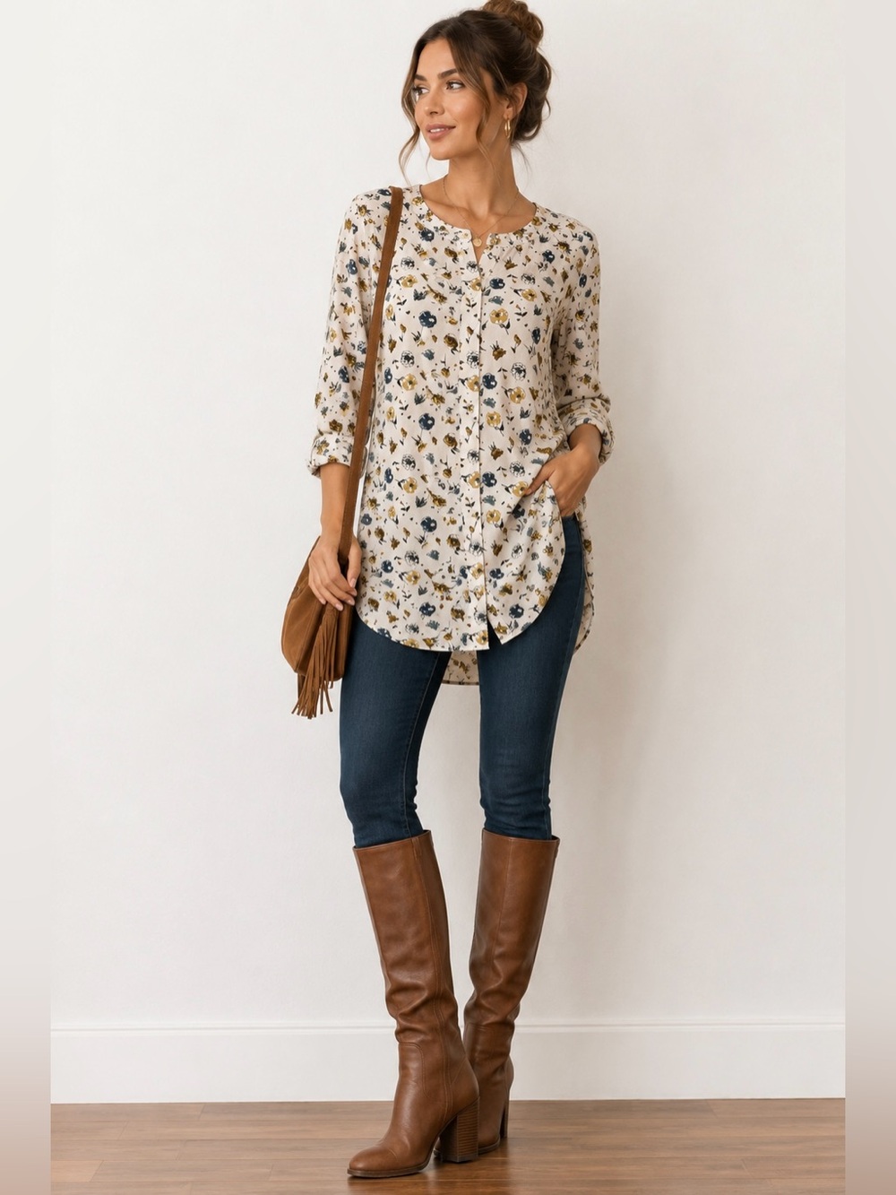Duluth Trading Company Floral Button Front Blouse Long Sleeve Boho Cottagecore L